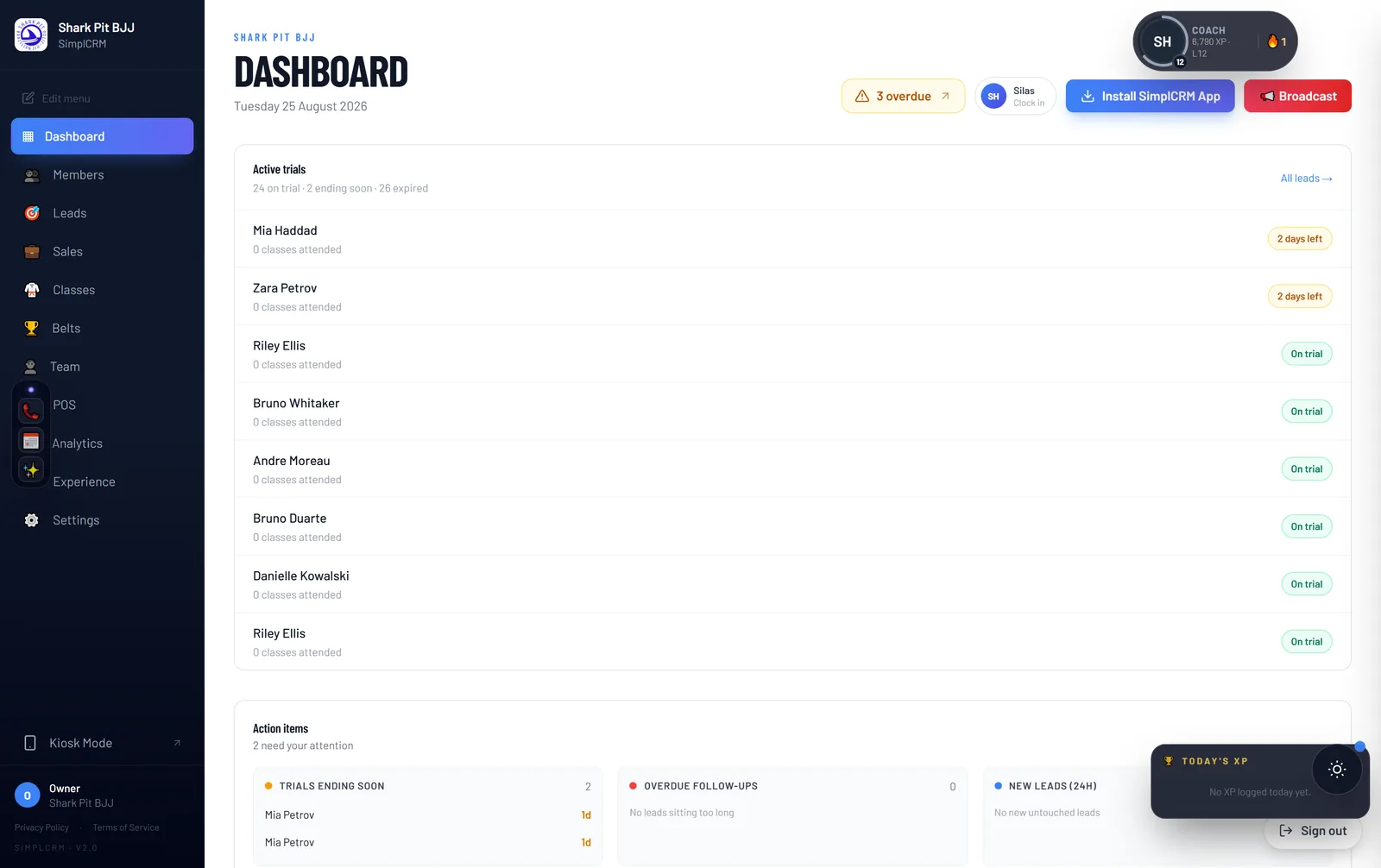 The TumbleOps dashboard showing active trials, action items and gym KPIs