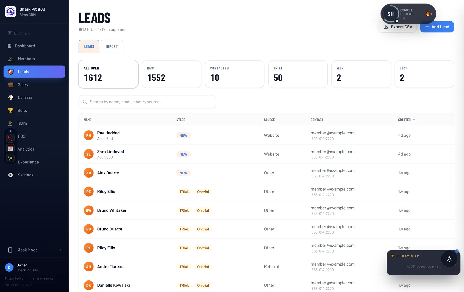 TumbleOps leads pipeline showing lead stages and follow-up tasks
