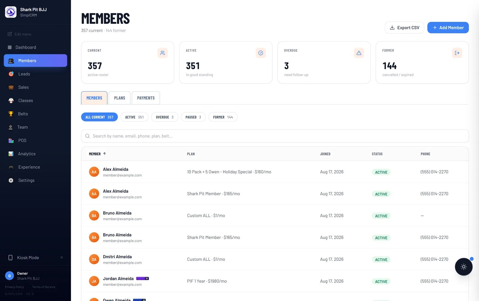 TumbleOps athlete roster with levels and family billing