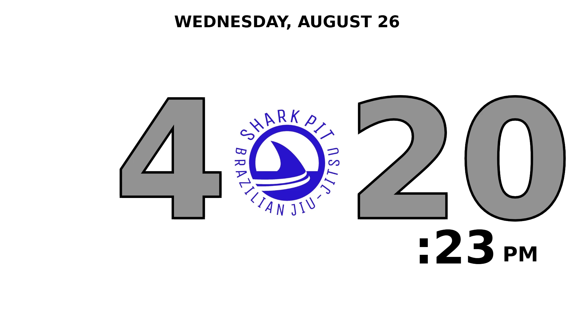 TumbleOps gym timer branded for Shark Pit BJJ — white background, grey digits and the club logo